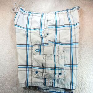 OP White and Blue Plaid Cargo Lined Swim Shorts Trunks Mens XL/XG 40/42..